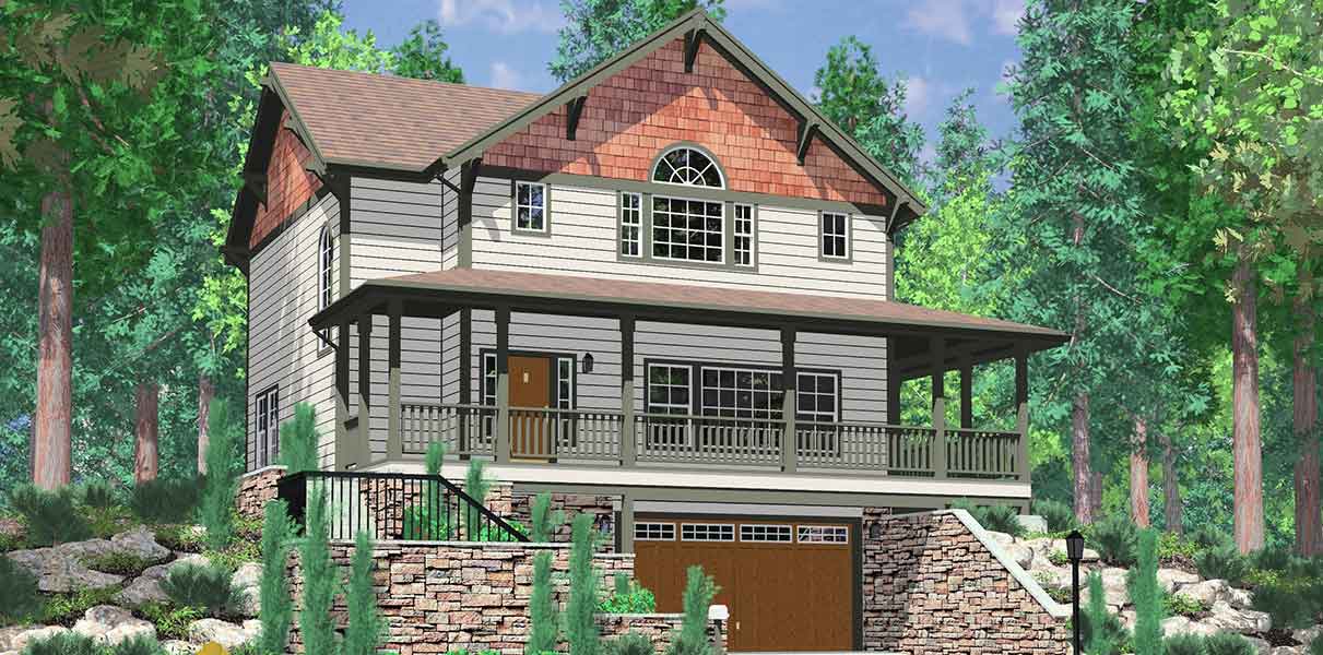 House front color elevation view for 10060 Daylight basement Craftsman featuring Wrap Around Porch, Large Kitchen Island, 3 bedrooms, Two car garage, Shop w/ rear access