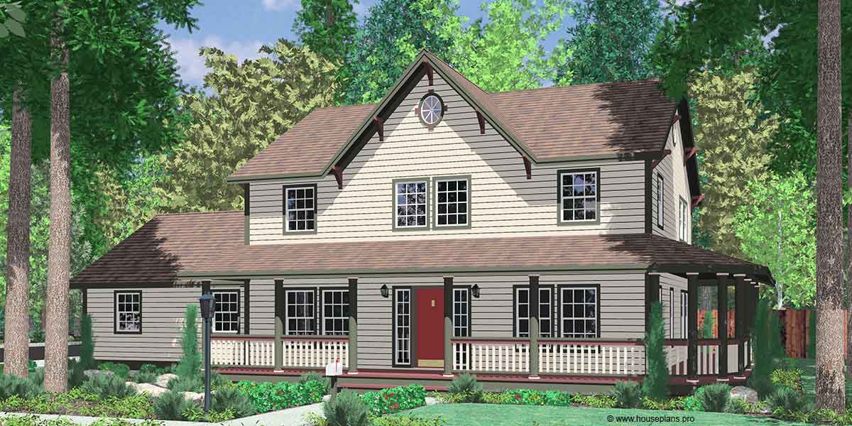 House front color elevation view for 9999 Country Farm house, Wrap around Porch 3 Bedrooms side garage, 9999