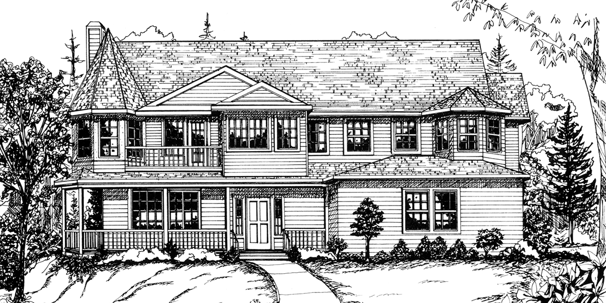 House front color elevation view for 9891 Victorian House Plan, house turret, side load garage, wrap around porch, house plans with bonus room, 9891