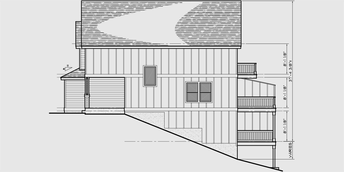 House rear elevation view for D-423 Duplex house plans, daylight basement house plans, D-423