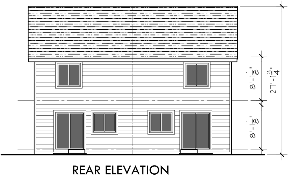 House front drawing elevation view for D-499 Narrow lot duplex house plans, 2 story duplex house plans, 3 bedroom duplex house plans, D-499