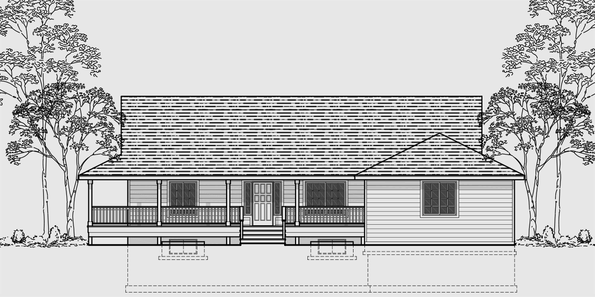 House front color elevation view for 10027 One level house plans, house plans with basements, side load garage house plans, wrap around porch house plans, country house plans, 10027