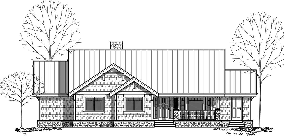 House rear elevation view for 9940 One level house plans, single level craftsman house plans, house plans for empty nesters, one story house plans, 9940