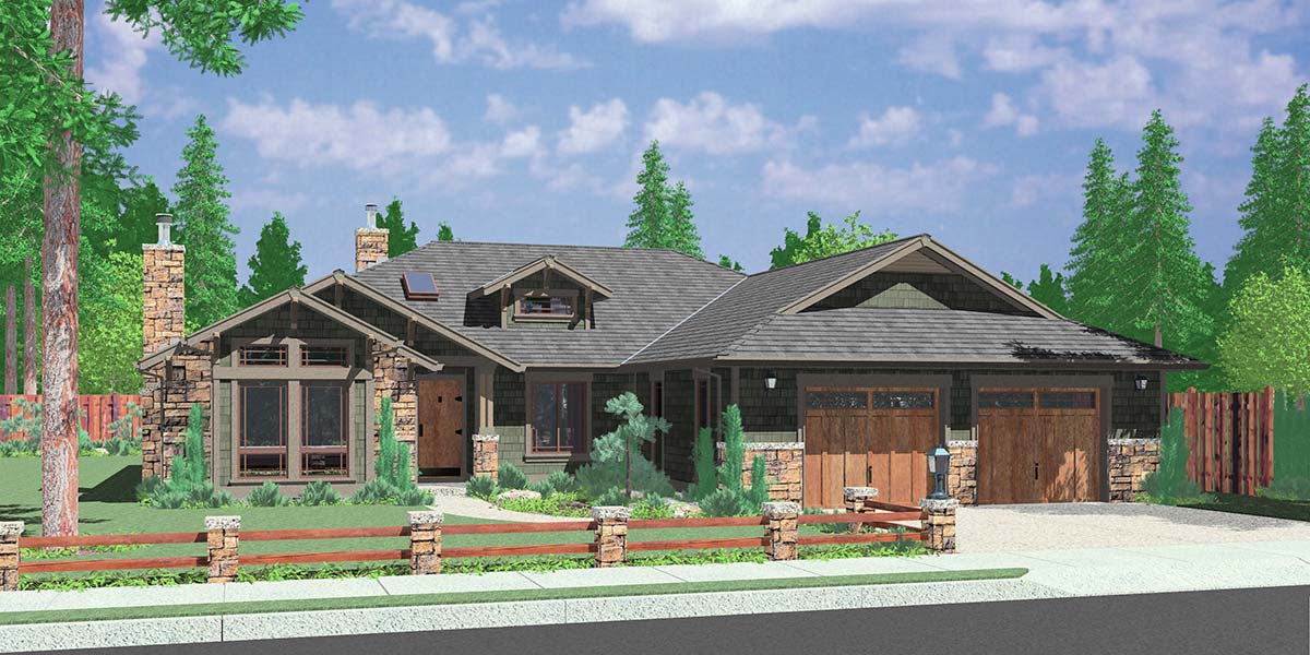 House front color elevation view for 9943 Good Looking One Level Ranch Home plans 3 bedroom over sized 2 car garage vaulted ceilings