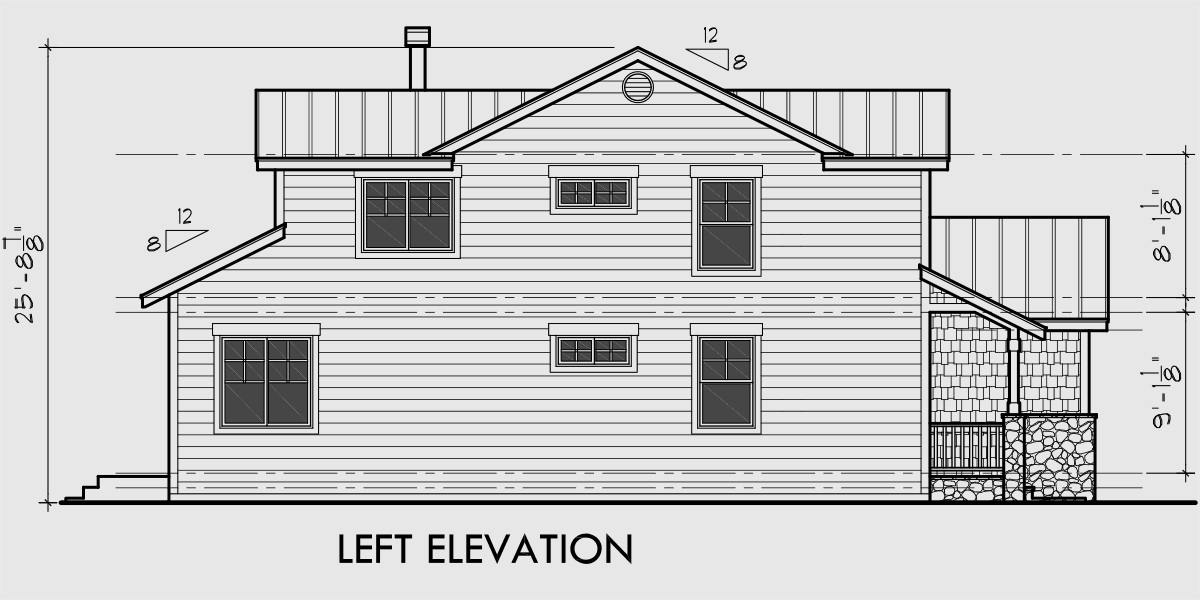 House side elevation view for 10075 40 ft wide Narrow lot house plan w/ Master on the main floor.