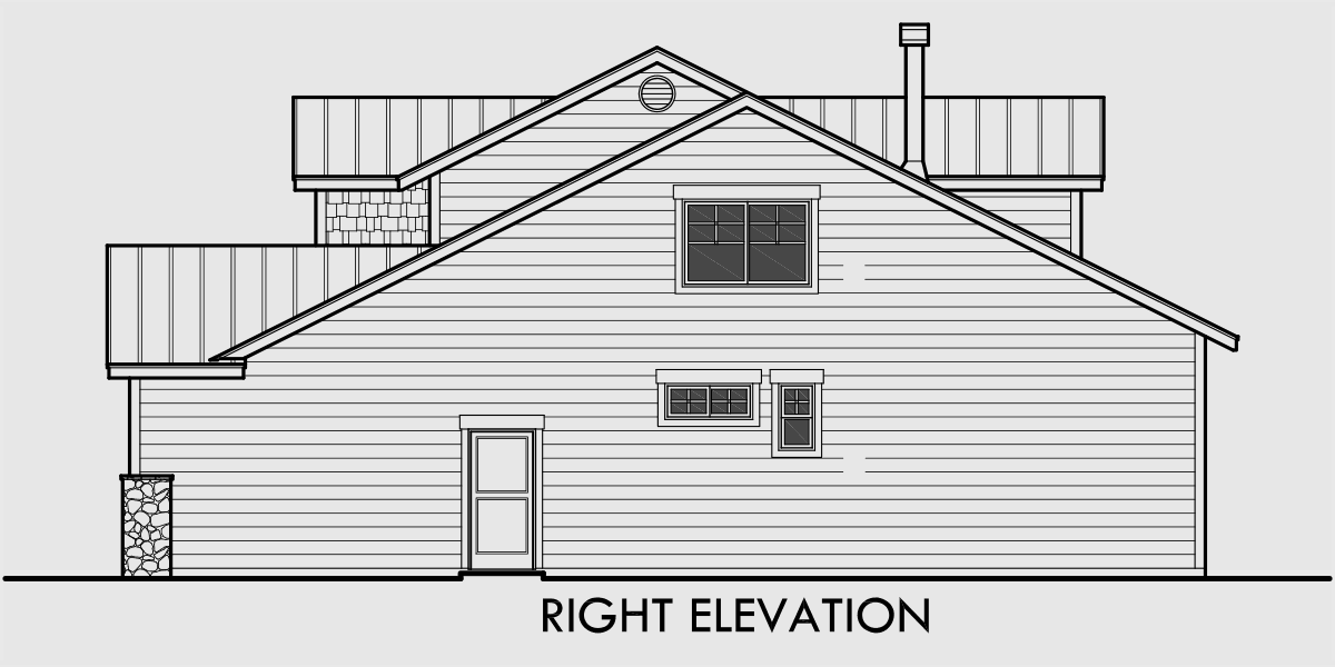 House rear elevation view for 10075 40 ft wide Narrow lot house plan w/ Master on the main floor.