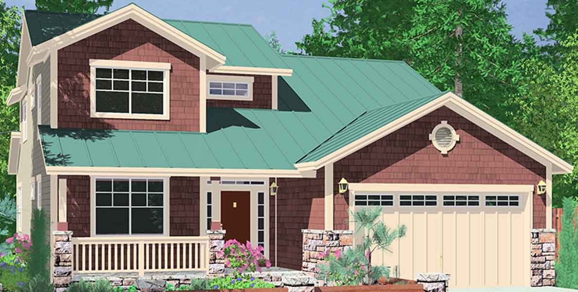 House front color elevation view for 10075 40 ft wide Narrow lot house plan w/ Master on the main floor.