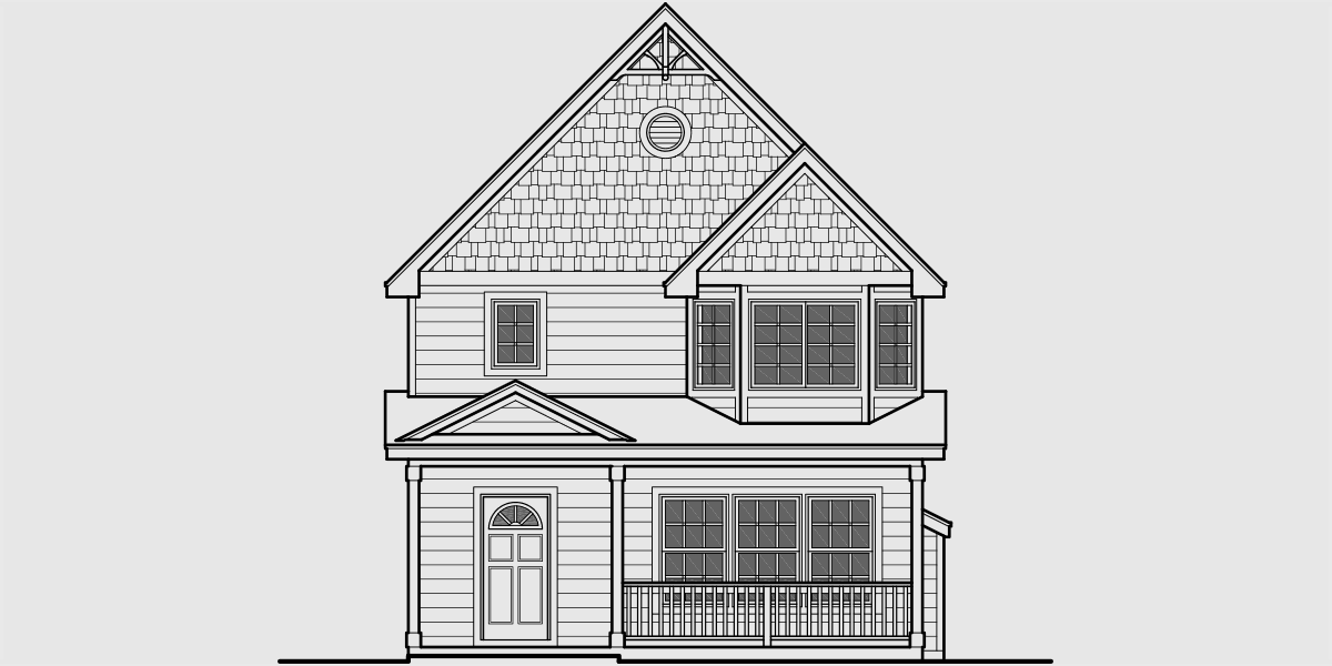 House rear elevation view for 10101 Victorian Narrow Lot House Plan front Bay Window