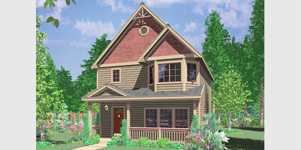 House front color elevation view for 10101 Victorian Narrow Lot House Plan front Bay Window