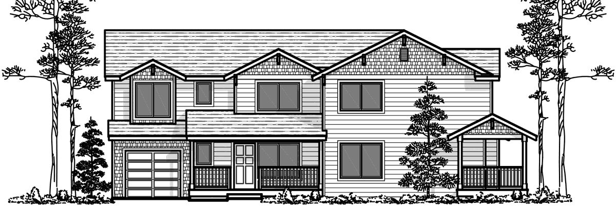 House front drawing elevation view for D-505 Corner lot duplex house plans, 3 bedroom duplex house plans, 2 story duplex house plans, D-505