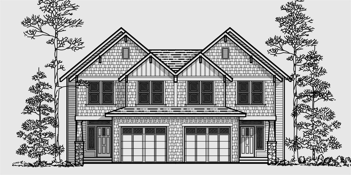 House front color elevation view for D-427 Craftsman duplex house plans, Luxury duplex house plans, duplex house plans with basement, D-427