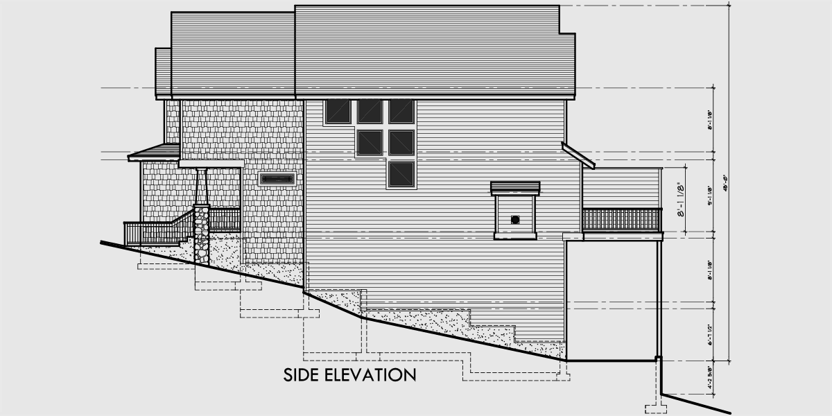 House side elevation view for D-427 Craftsman duplex house plans, Luxury duplex house plans, duplex house plans with basement, D-427