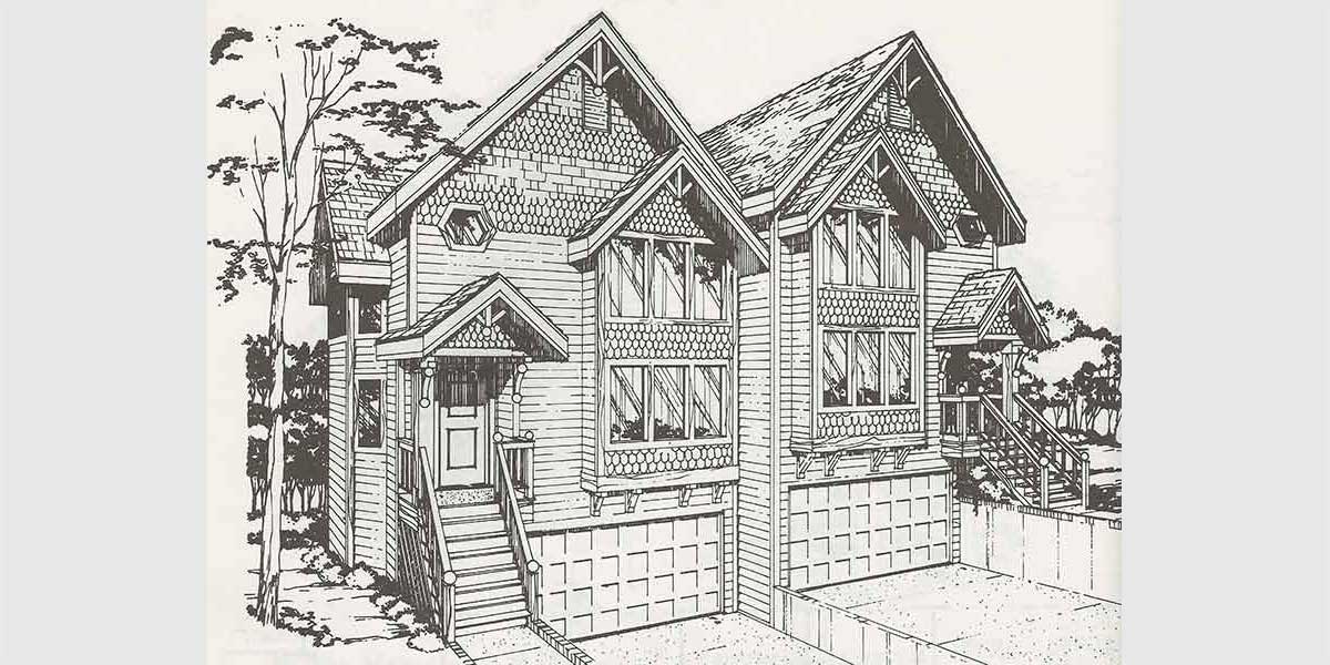 House front color elevation view for D-403 Victorian townhouse plans, duplex house plans, D-403