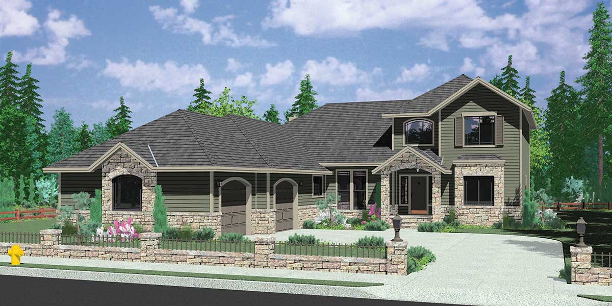 House front color elevation view for 10052 Traditional house plan w/ master bedroom on the main floor, walls of glass in the atrium and side load garage