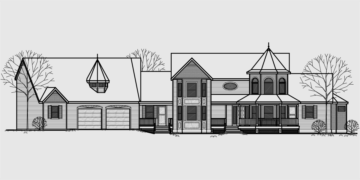 House front drawing elevation view for 9989 Victorian house plans, luxury house plans, master bedroom on main floor, bonus room house plans, 9989