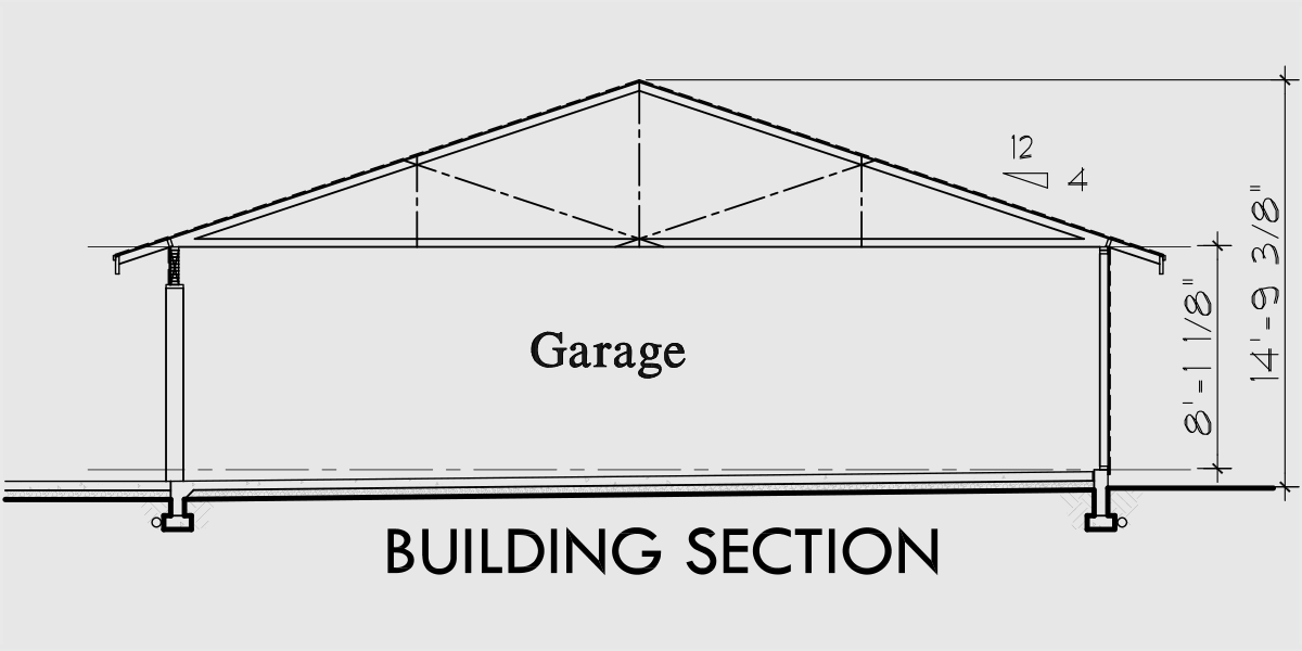 House side elevation view for CGA-96 Large two car garage, 36 ft wide x 34 ft deep garage, CGA-96 