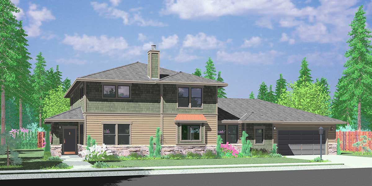 House front color elevation view for 10096 Two Story Traditional House Plan features master bedroom on the main floor and in law suite