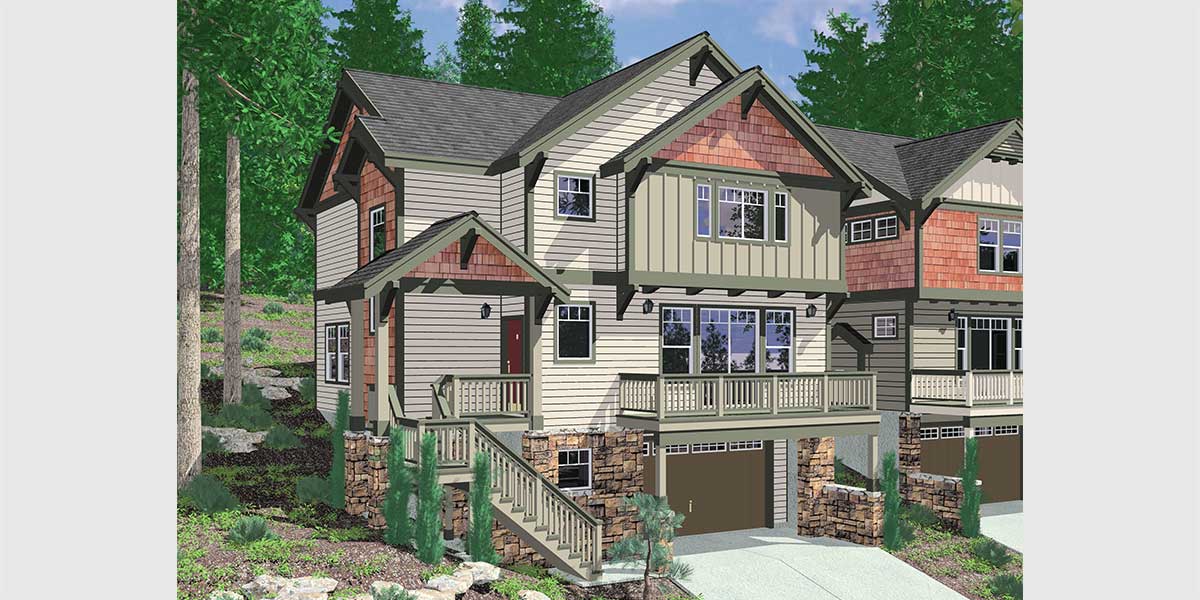 House front color elevation view for 10110 Craftsman house plan for sloping lots has front Deck and Loft