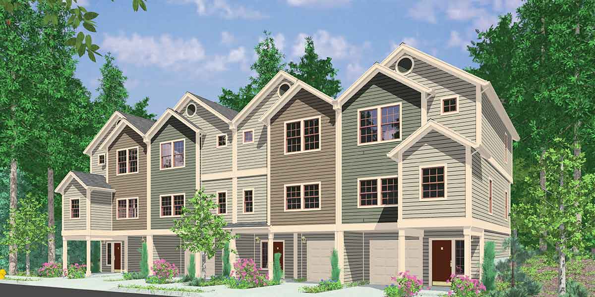 House front color elevation view for F-558 Four-plex house plans, 4 unit multi family house plans, F-558