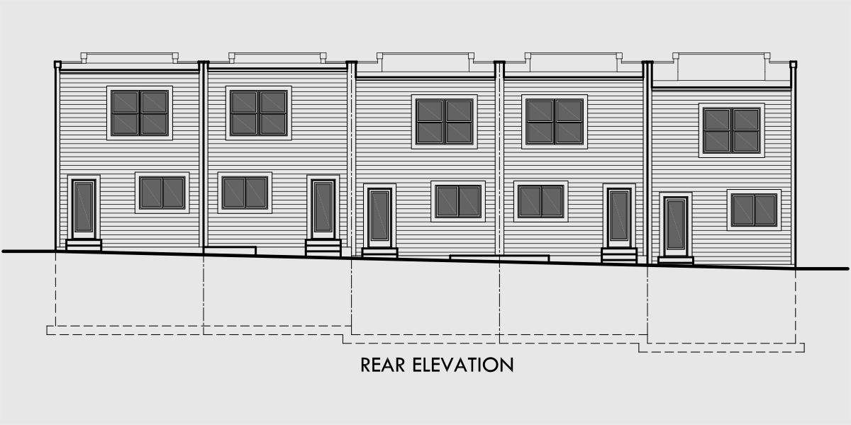 House rear elevation view for FV-560 Modern style five unit row house larger managers unit