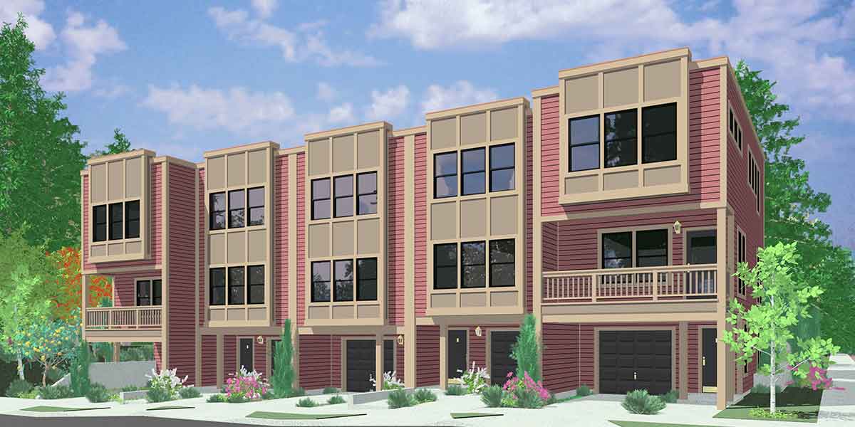 House front drawing elevation view for FV-560 Modern style five unit row house larger managers unit