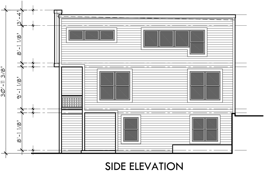 House side elevation view for FV-560 Modern style five unit row house larger managers unit
