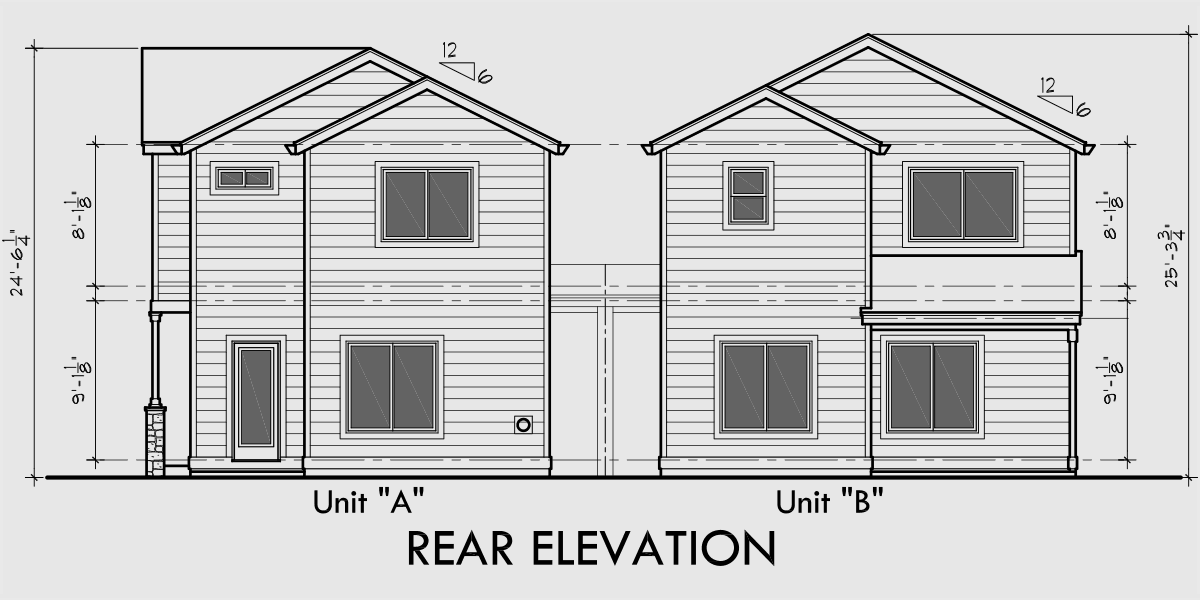 House side elevation view for D-558-b Duplex house plans, corner lot duplex house plans, duplex house plans with garage, 3 bedroom duplex house plans, D-558-b