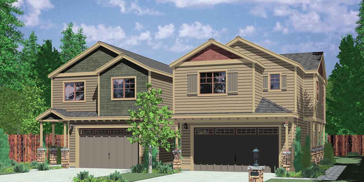 House front color elevation view for D-558-b Duplex house plans, corner lot duplex house plans, duplex house plans with garage, 3 bedroom duplex house plans, D-558-b