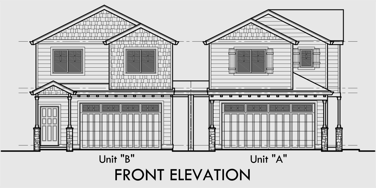 House front drawing elevation view for D-558-a Duplex house plans, corner lot duplex house plans, corner lot house plans, D-558-a