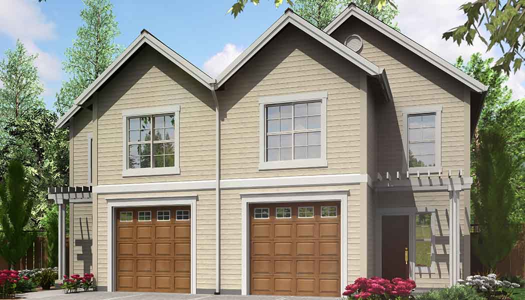 House front color elevation view for D-533 2 Story Duplex house plans, Basement House Plans, Duplex Plans, D-533