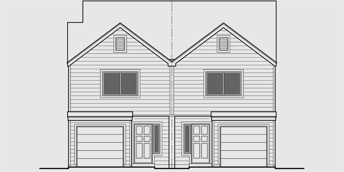 House front color elevation view for T-402 Triplex house plans, corner lot multifamily plans, triplex house plans with garage, T-402