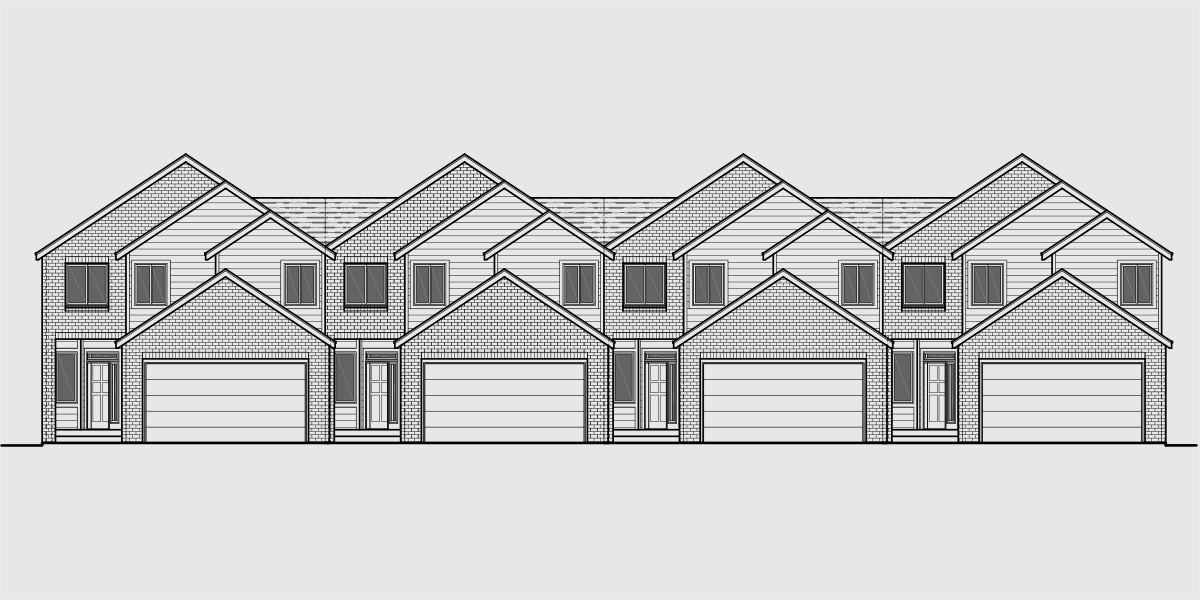 House front drawing elevation view for F-541 4 plex house plans, master bedroom on main, 4 unit townhouse plans, fourplex house plans