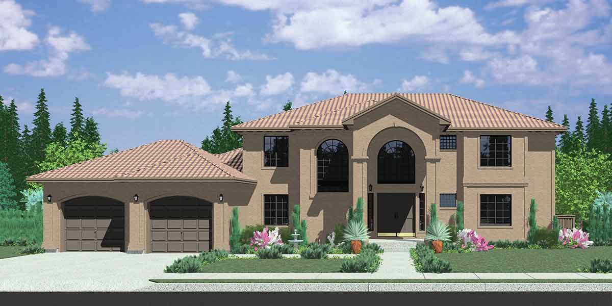 House front color elevation view for 10042 Mediterranean house plans, luxury house plans, walk out basement house plans, sloping lot house plans, 10042