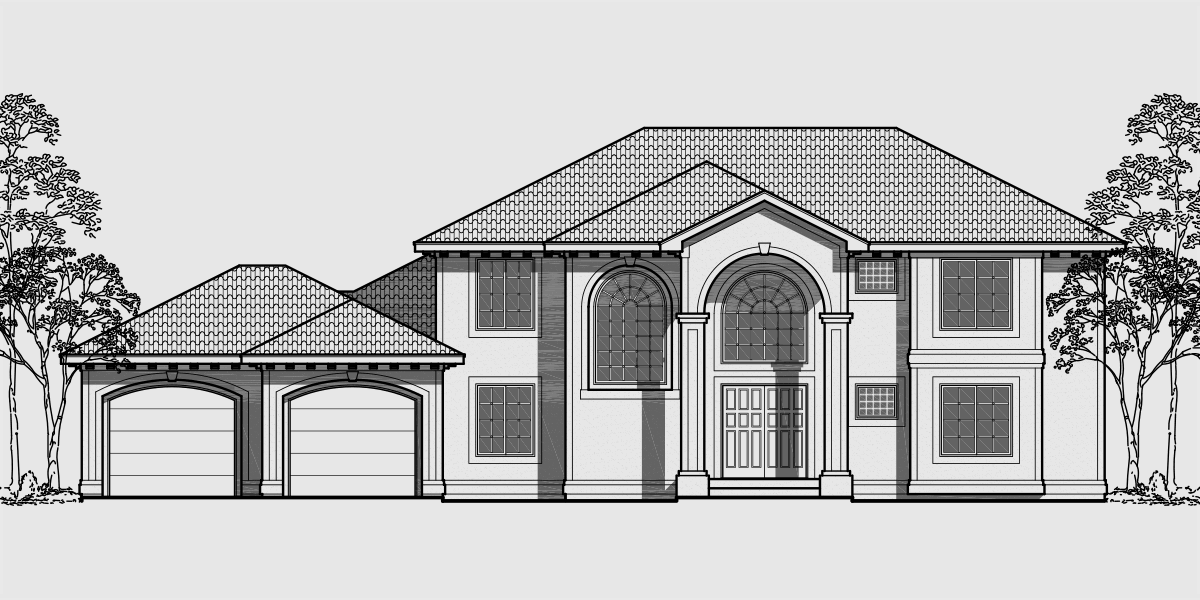 House front drawing elevation view for 10042 Mediterranean house plans, luxury house plans, walk out basement house plans, sloping lot house plans, 10042