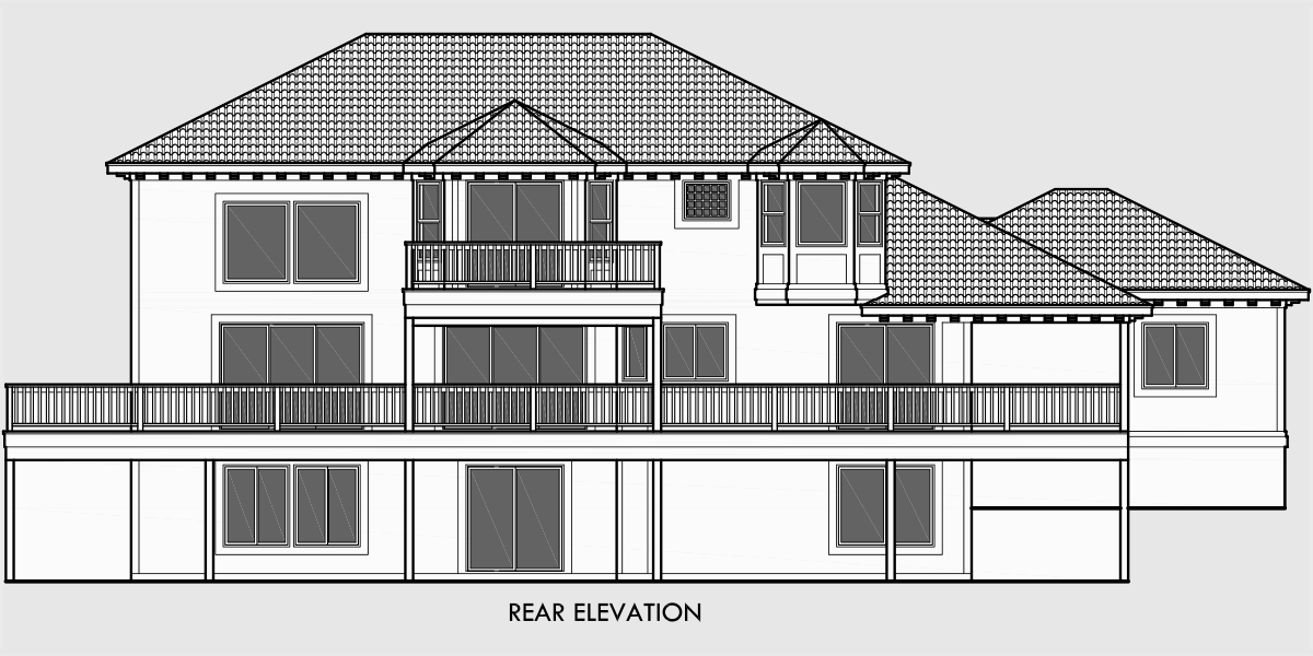 House side elevation view for 10042 Mediterranean house plans, luxury house plans, walk out basement house plans, sloping lot house plans, 10042