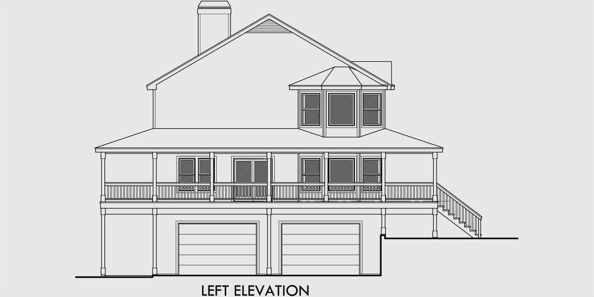 House side elevation view for 9924 5 bedroom house plans, farm house plans, house plans with 2 car garage, house plans with wrap around porch, house plans with basement, 9924