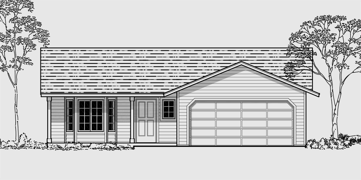 House front color elevation view for 9957 Small house plans, 2 bedroom house plans, one story house plans, house plans with 2 car garage, house plans with covered porch, 9957