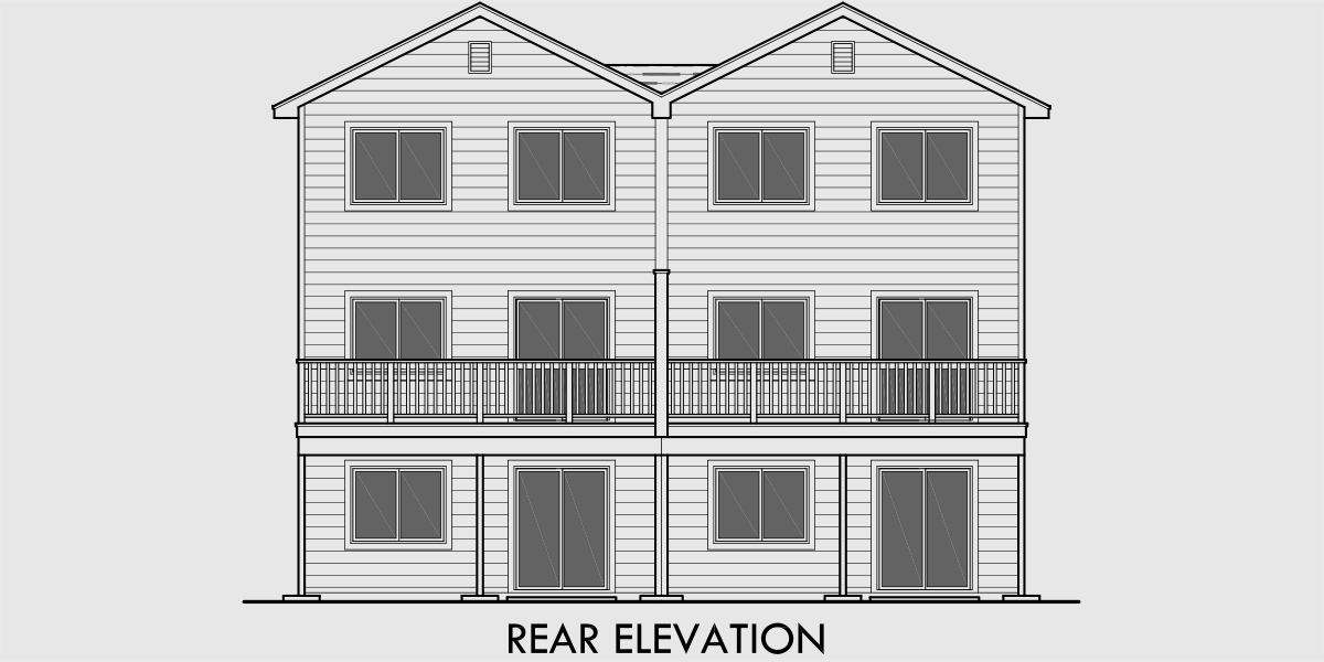 House front drawing elevation view for D-582 Duplex house plans, walk out basement house plans, duplex house plans for sloping lots D-582