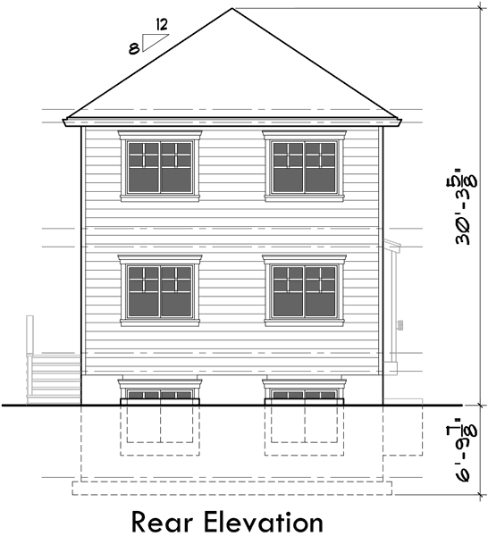 House rear elevation view for D-592 Multi-generational house plans, 8 bedroom house plans, house plans with apartment, ADU house plans, D-592