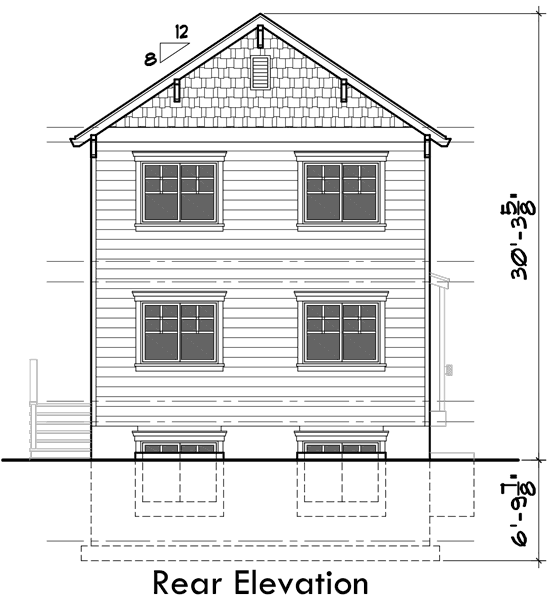 House rear elevation view for D-593 Multigenerational house plans, master on the main house plans, ADU house plans, mother in law house plans, Portland house plans, two master suites house plans, D-593, Airbnb rentals