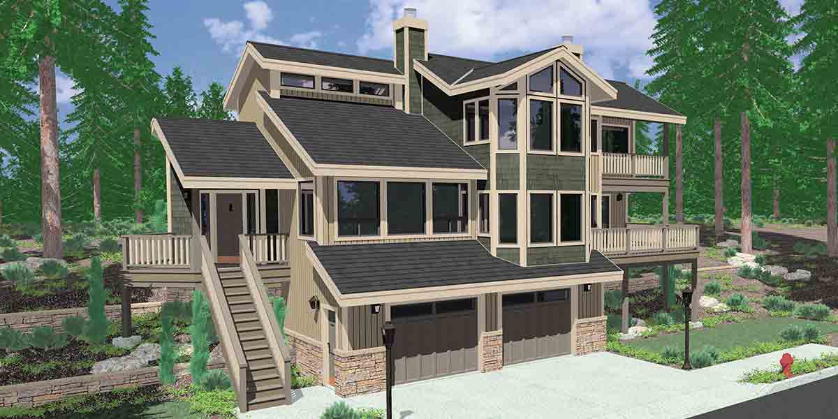 House front color elevation view for 9600 View house plans, sloping lot house plans, multi level house plans, luxury master suite plans, 3d house plans, 9600