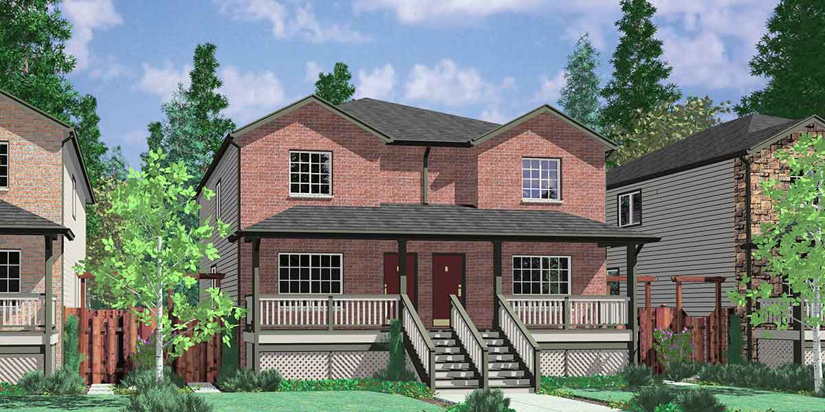 House front color elevation view for D-445 Duplex house plans, brownstone house plans, D-445
