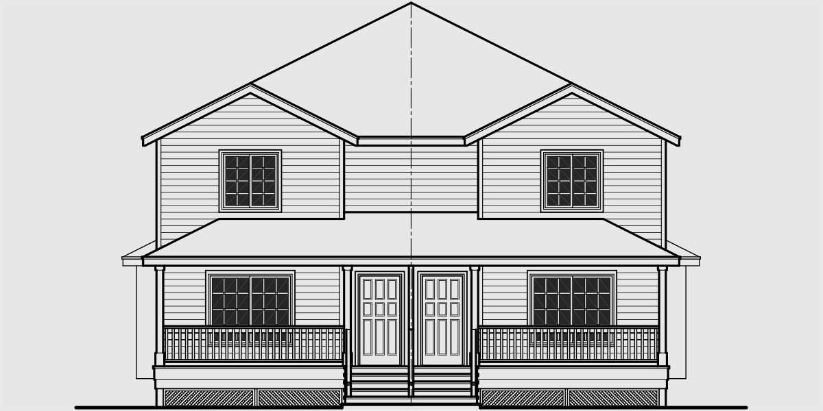 House front color elevation view for D-556 Duplex house plans, narrow lot duplex house plans, 3 bedroom duplex house plans, 2 story duplex house plans, duplex house plans for Canada, D-556