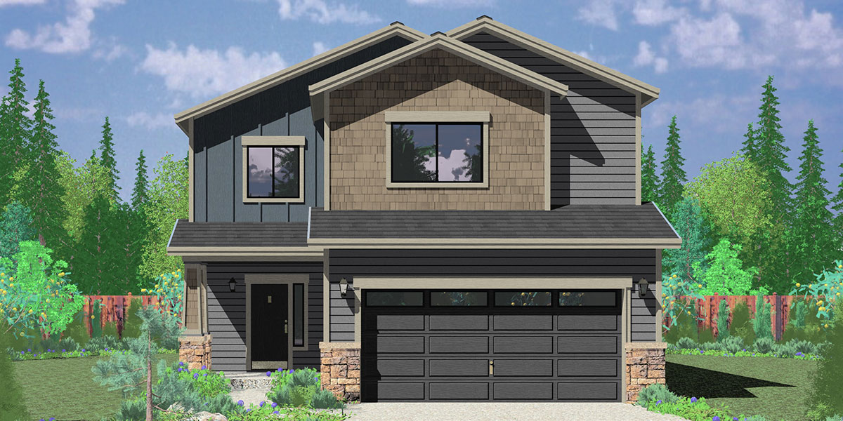 House front color elevation view for 10179 Affordable 2 story house plan has 4 bedrooms and 2.5 bathrooms and a two car garage