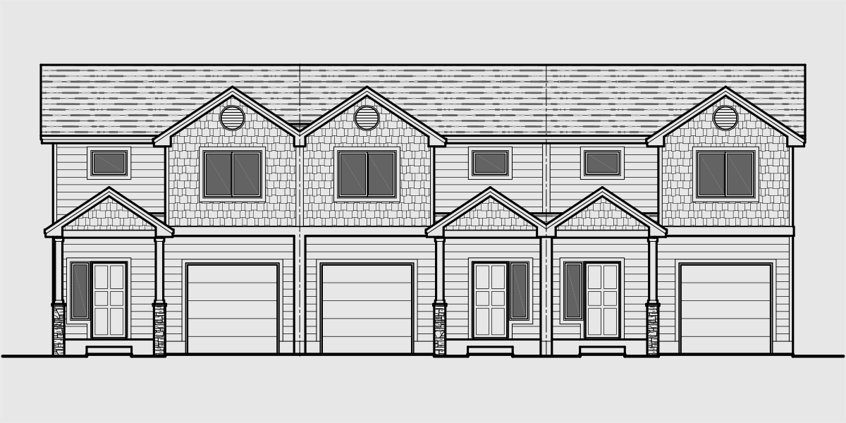 House front drawing elevation view for T-417 Triplex plans with basement, row house plans, Open floor plan, T-417