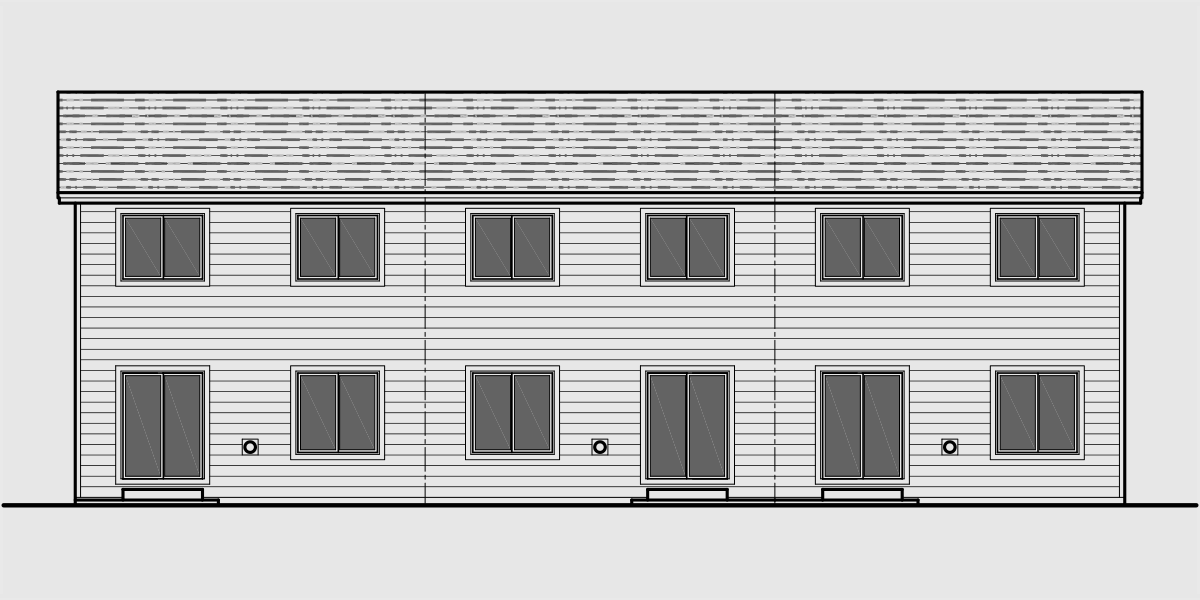 House side elevation view for T-417 Triplex plans with basement, row house plans, Open floor plan, T-417