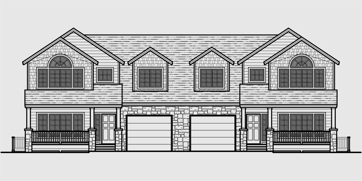 House front drawing elevation view for D-609 Craftsman luxury, duplex house plans, with basement, and shop, D-609