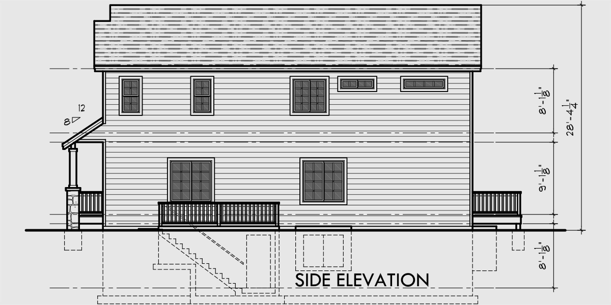 House rear elevation view for D-609 Craftsman luxury, duplex house plans, with basement, and shop, D-609