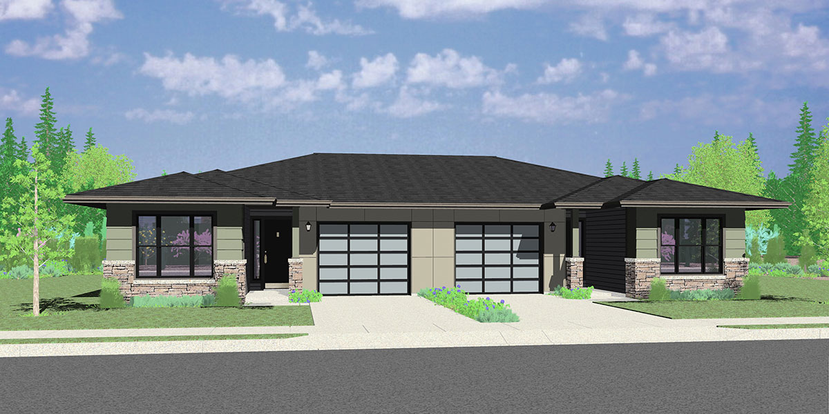House front color elevation view for D-623 Modern Prairie Style, Ranch Duplex House Plan