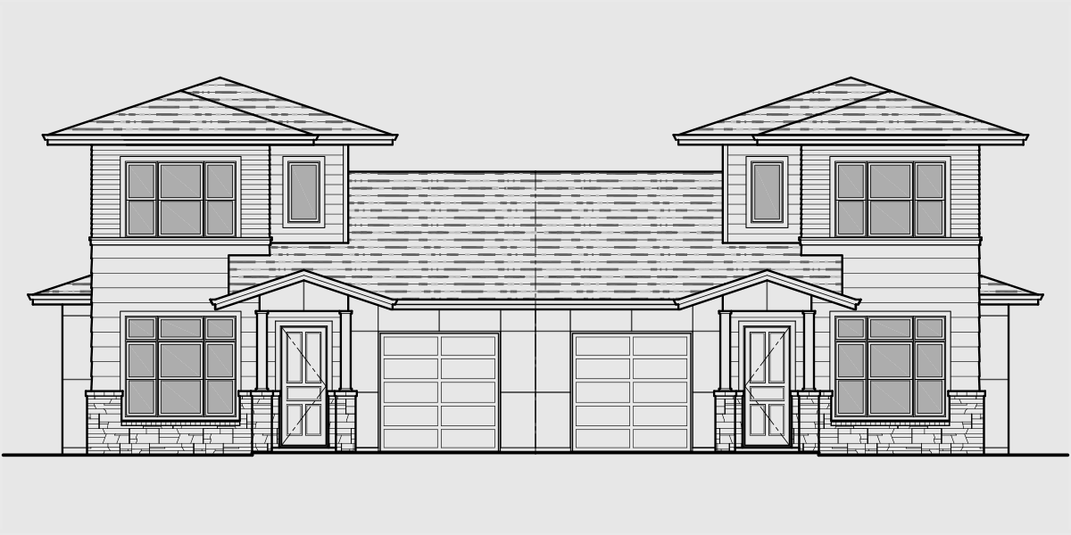 House front drawing elevation view for D-624 Modern prairie style, duplex house plan, master bedroom on the main floor